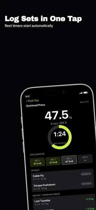 Slide 2 of Bold Dark: Log Sets in One Tap — Rest timers start automatically