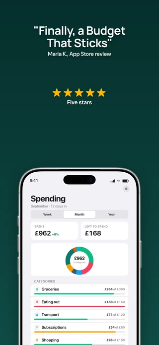 Slide 2 of Social Proof: "Finally, a Budget That Sticks" — Maria K., App Store review