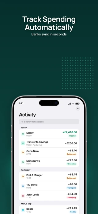 Slide 3 of Social Proof: Track Spending Automatically — Banks sync in seconds